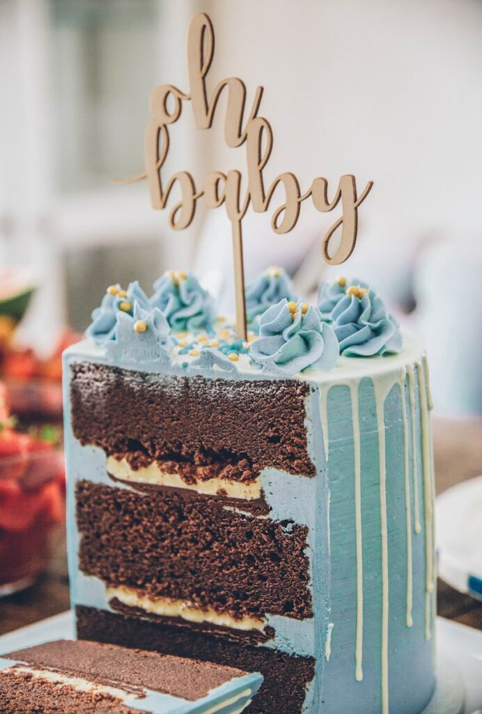 blue cake at baby shower